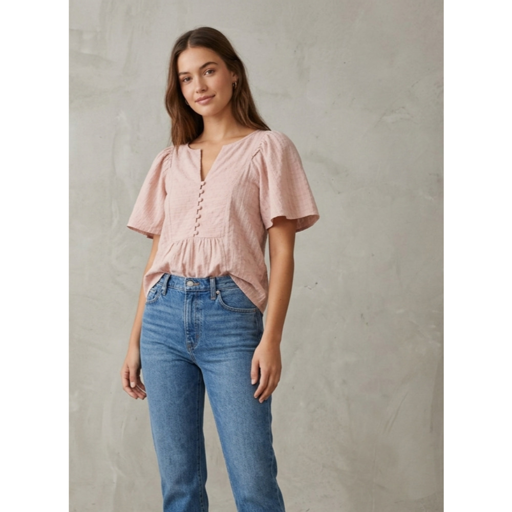 Madewell Boho Cottagecore Pink Cotton Gauze‎ Flutter Sleeve Blouse Size XXS